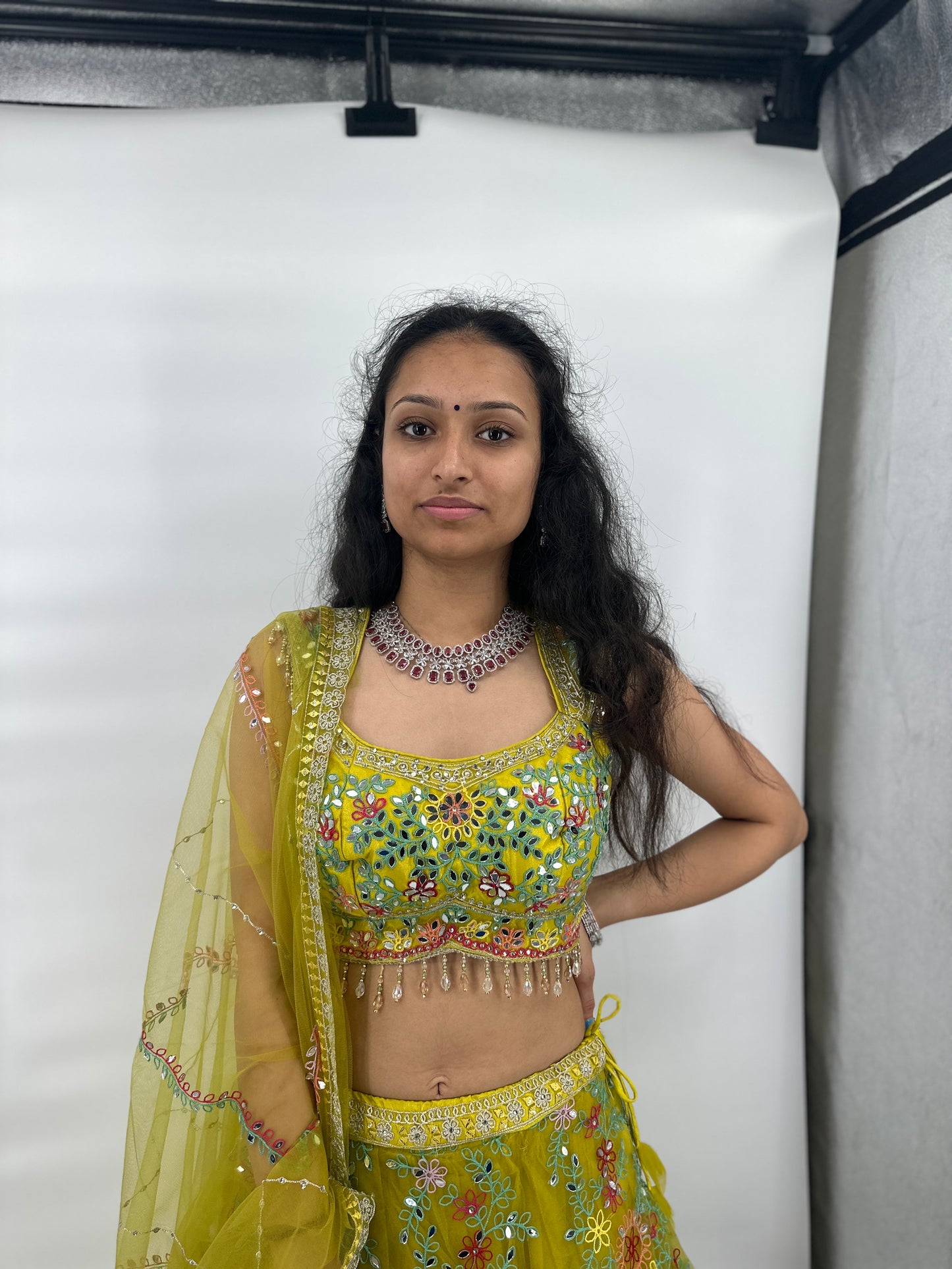 Lime Green Floral Embroidered Net Lehenga Choli with Dupatta