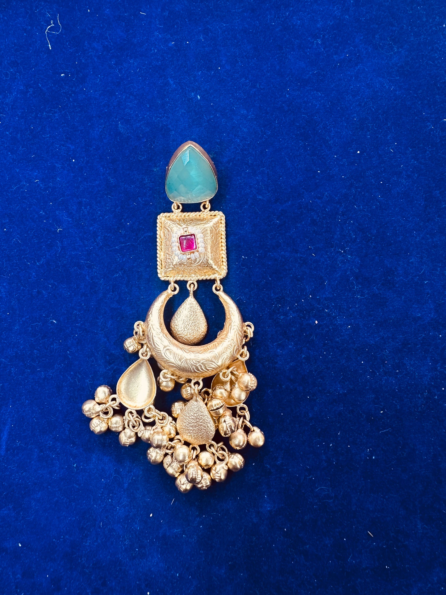 Traditional Matte Gold Chandbali Earrings with Faceted Stone Drops