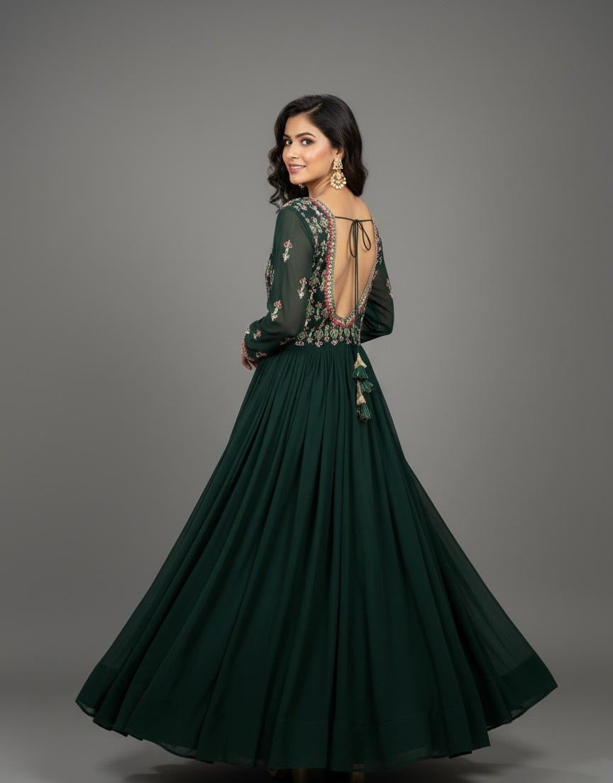 Designer Heavy Georgette Handwork Long Gown | Sabyasachi Style | Bottle Green | Sizes 36–46 | Custom Fit Available