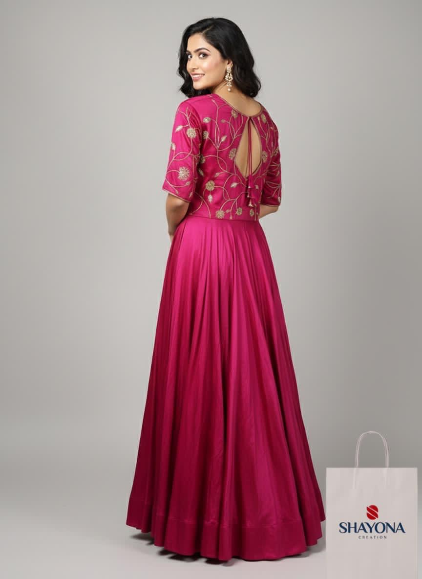 Designer Handwork Long Gown in Gajji Silk | Hot Pink | Sizes 36–46 | Custom Size Available