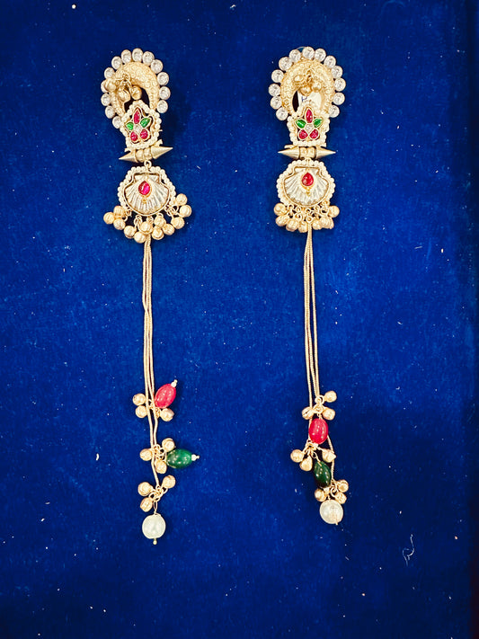 Traditional Indian Gold-Plated Long Tassel Earrings with Multi-Color Beads and Ghungroo - Antique Temple Jewelry for Weddings