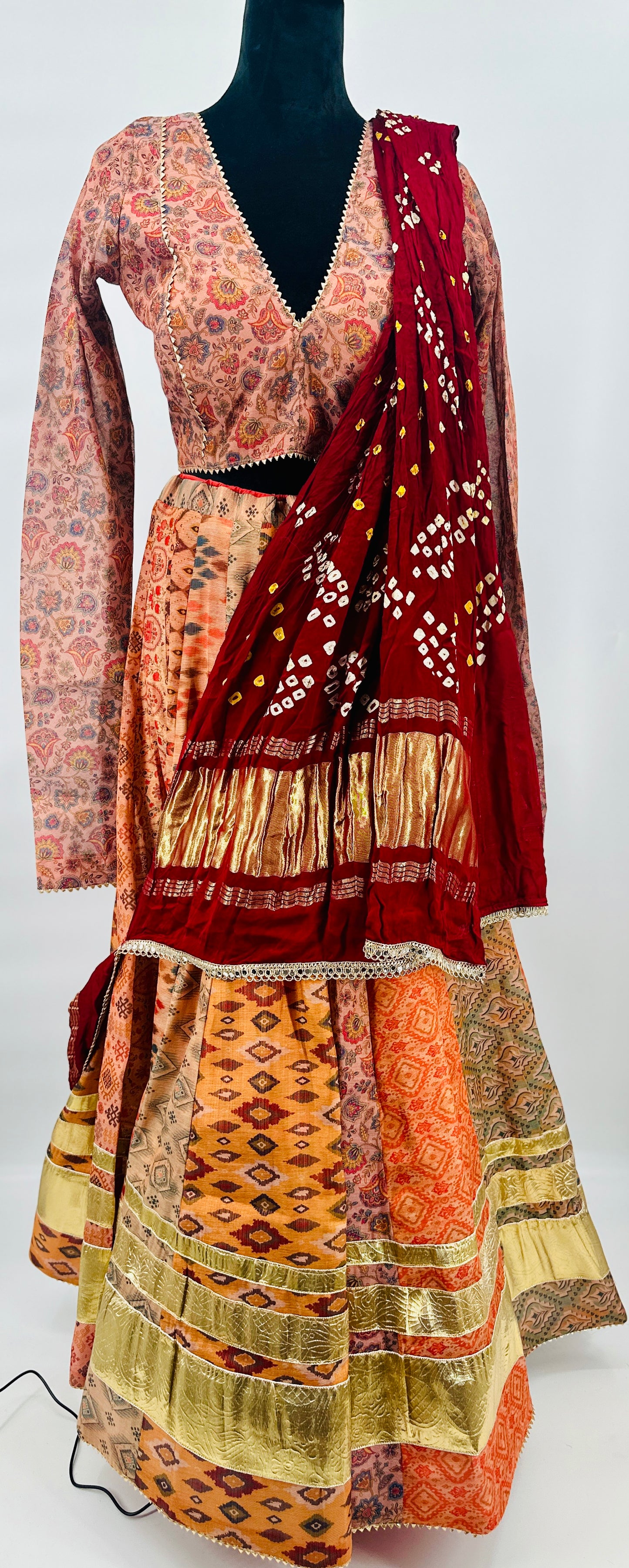 Organza Choli with Patoda Shades & Gajji Silk Bandhani Dupatta – V-Neck Full Sleeve Design with Tassels (Size 38–44, Alteration Available)