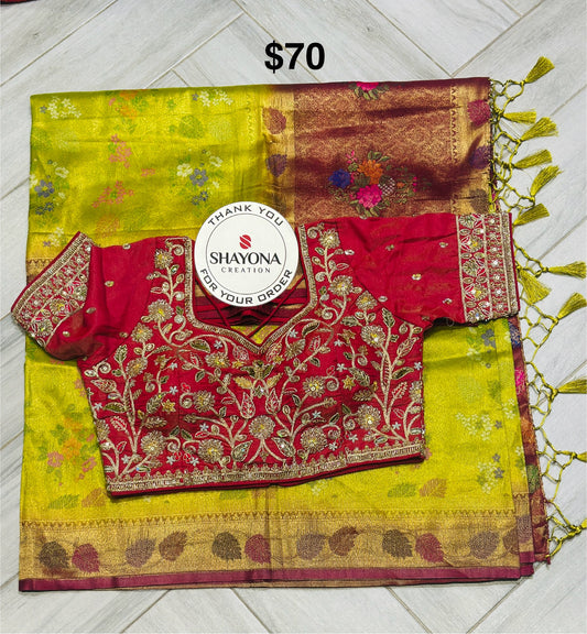 💚 Royal Lime Green Banarasi Silk Saree with Designer Blouse 💚