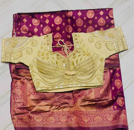 Royal Purple Kanjivaram Silk Saree with Gold Zari Weaving & Designer Blouse (Fits 36–44)