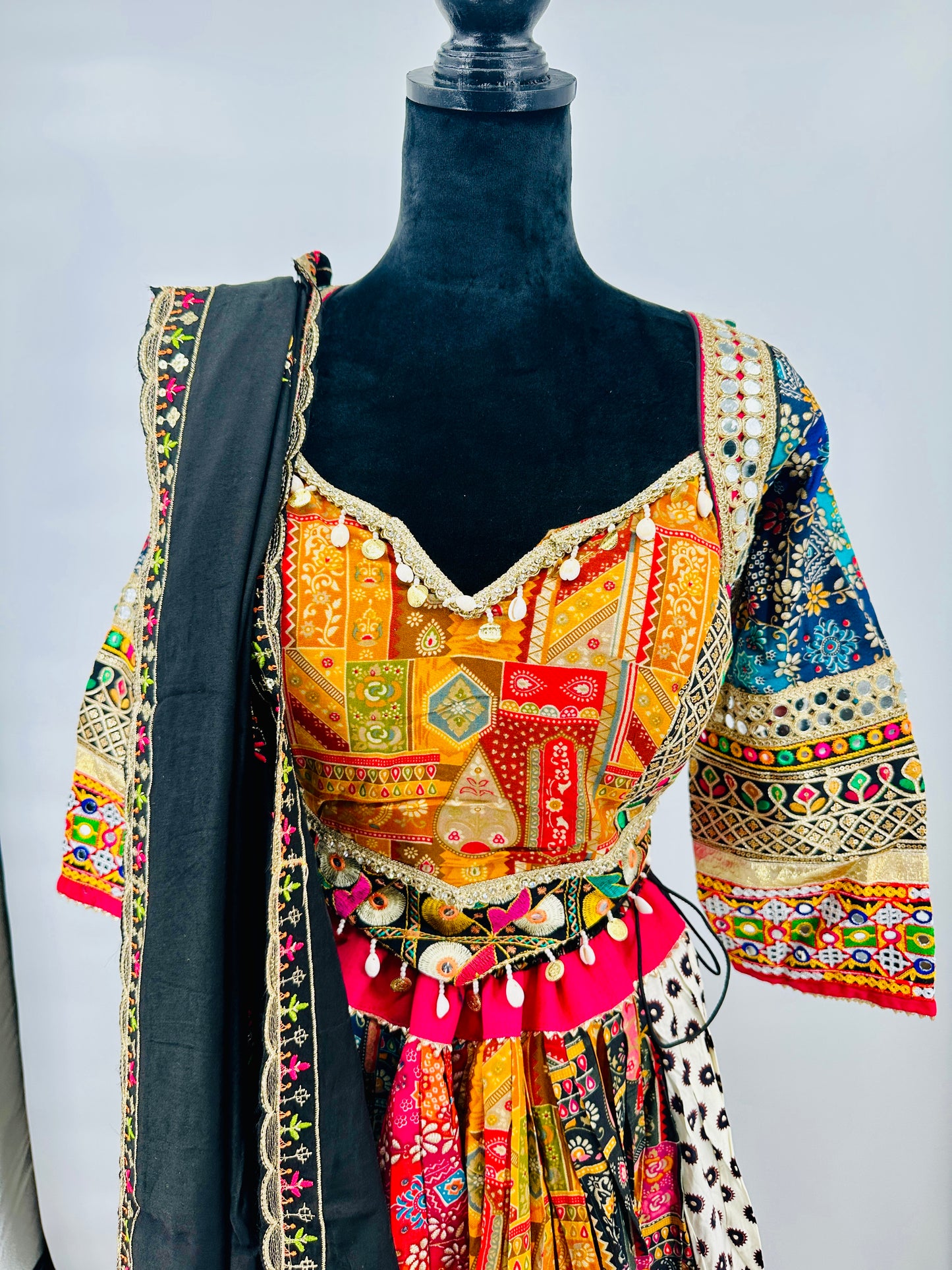 Cotton printed ajrakh handmade rabari work with tassels and latkans