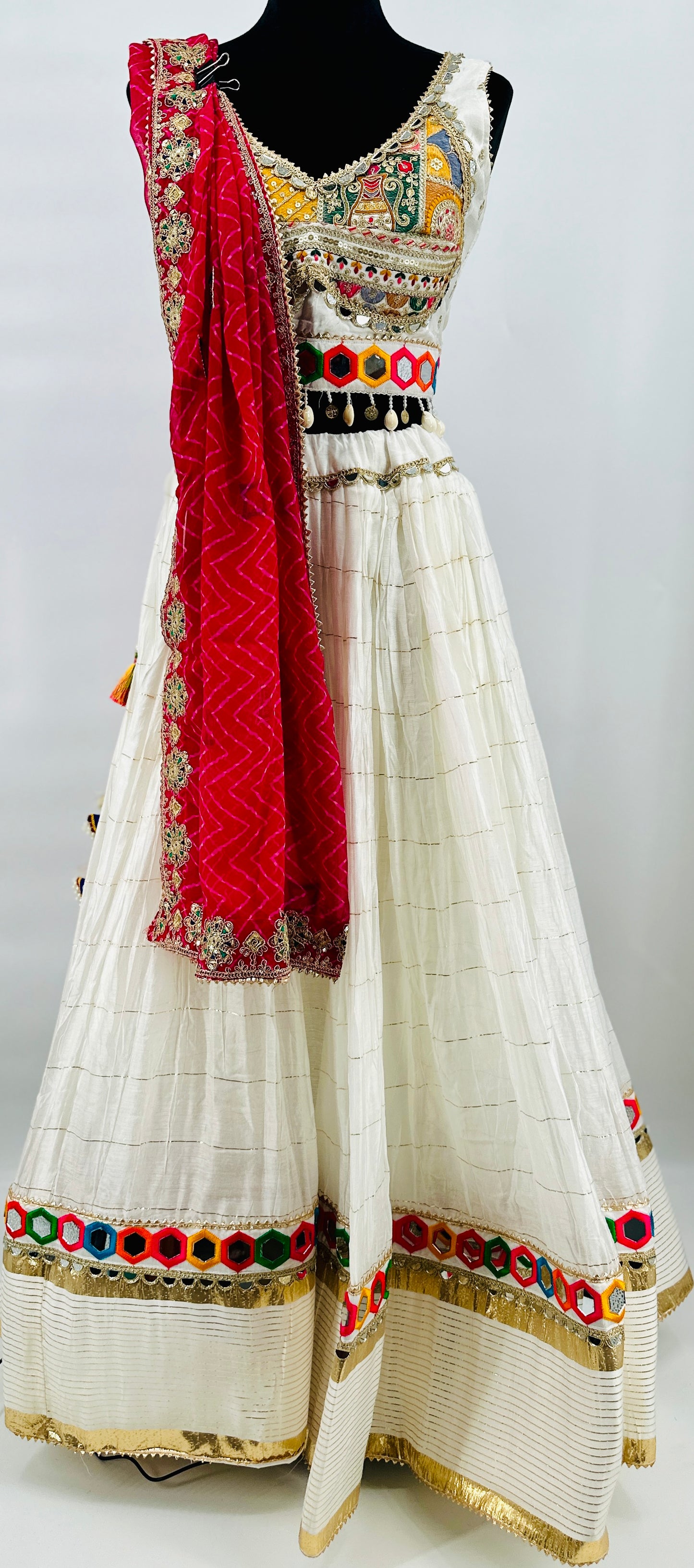 Mal Cotton Mirror Work Lehenga Set with Laheriyu Dupatta – Pink Multi-Thread Embroidery (9–12 Mtr Flair)