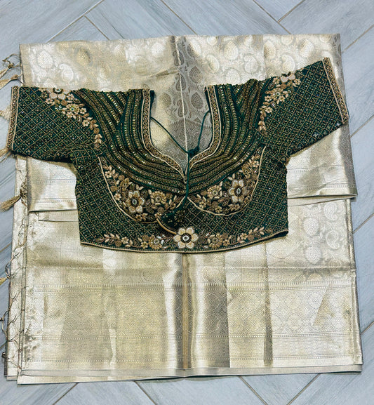 Elegant Emerald Green Embroidered Blouse with Champagne Gold Silk Saree Set - Fits Sizes 36-44