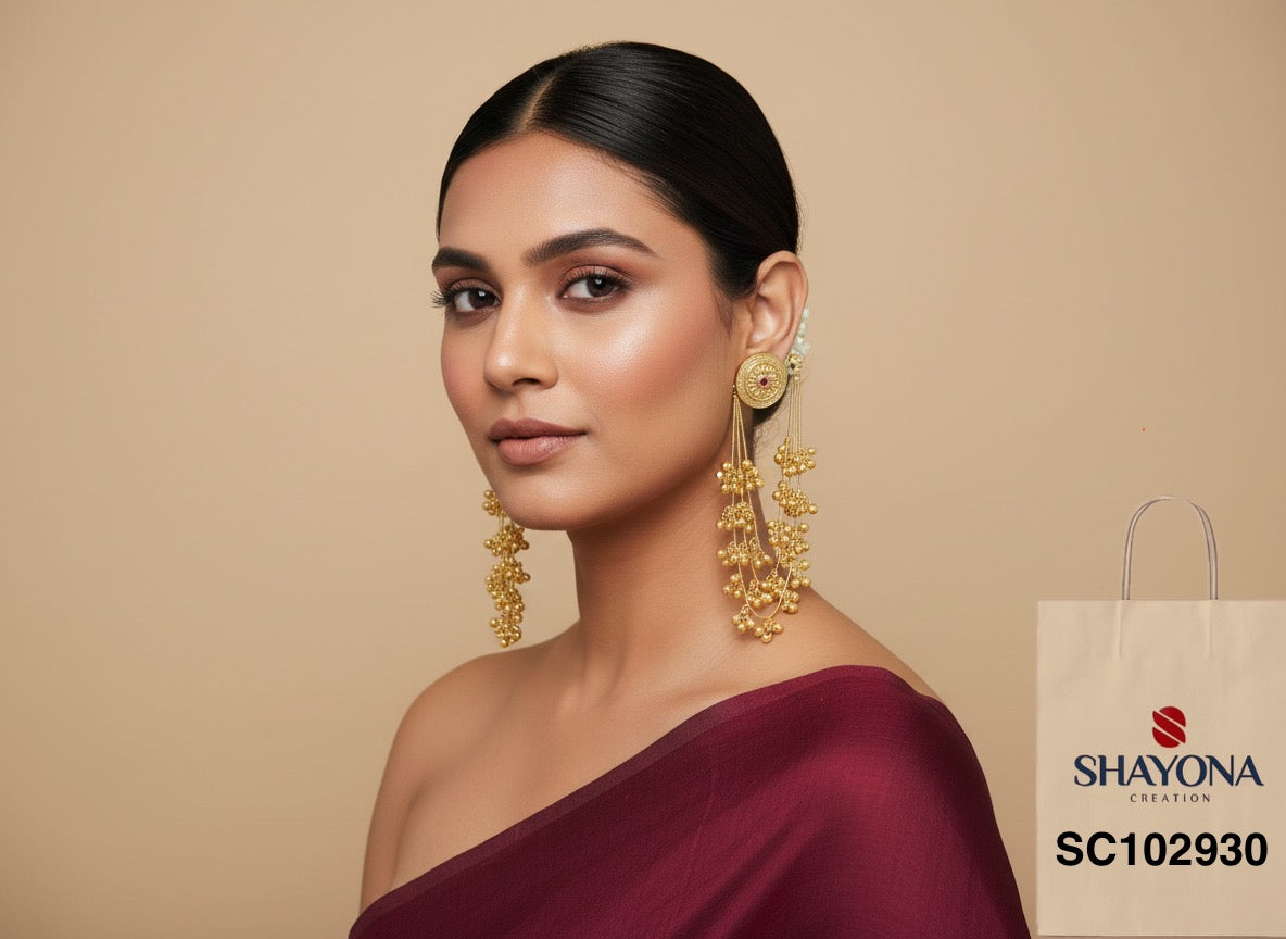 Antique Gold Gujarati Kaan Chain Earrings | Bridal Jewelry