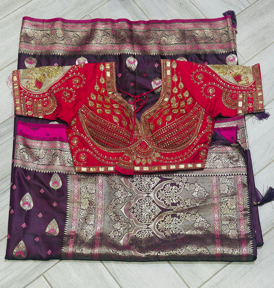 Royal Purple Wedding Saree with Heavy Worked Rani Pink Blouse - Adjustable Multi-Size Fit