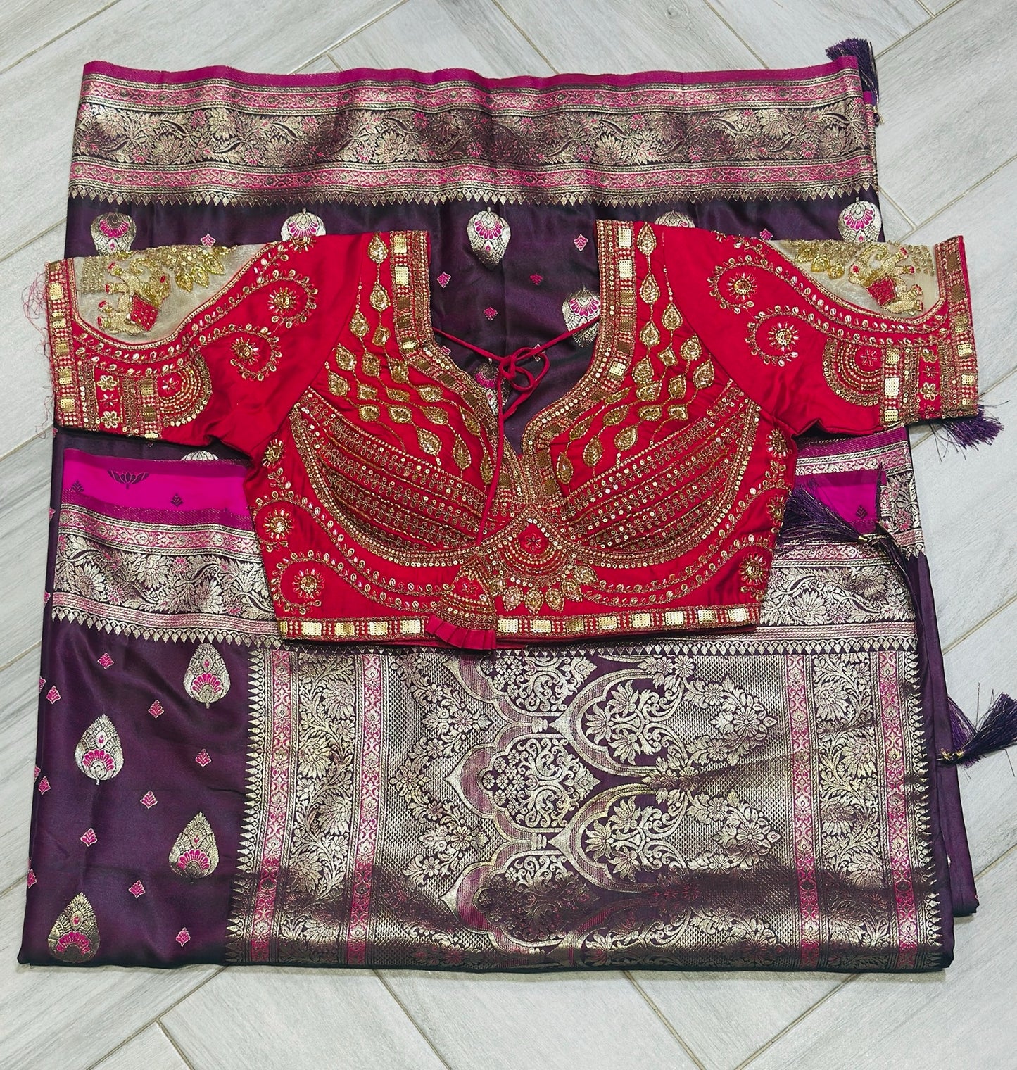 Royal Purple Wedding Saree with Heavy Worked Rani Pink Blouse - Adjustable Multi-Size Fit