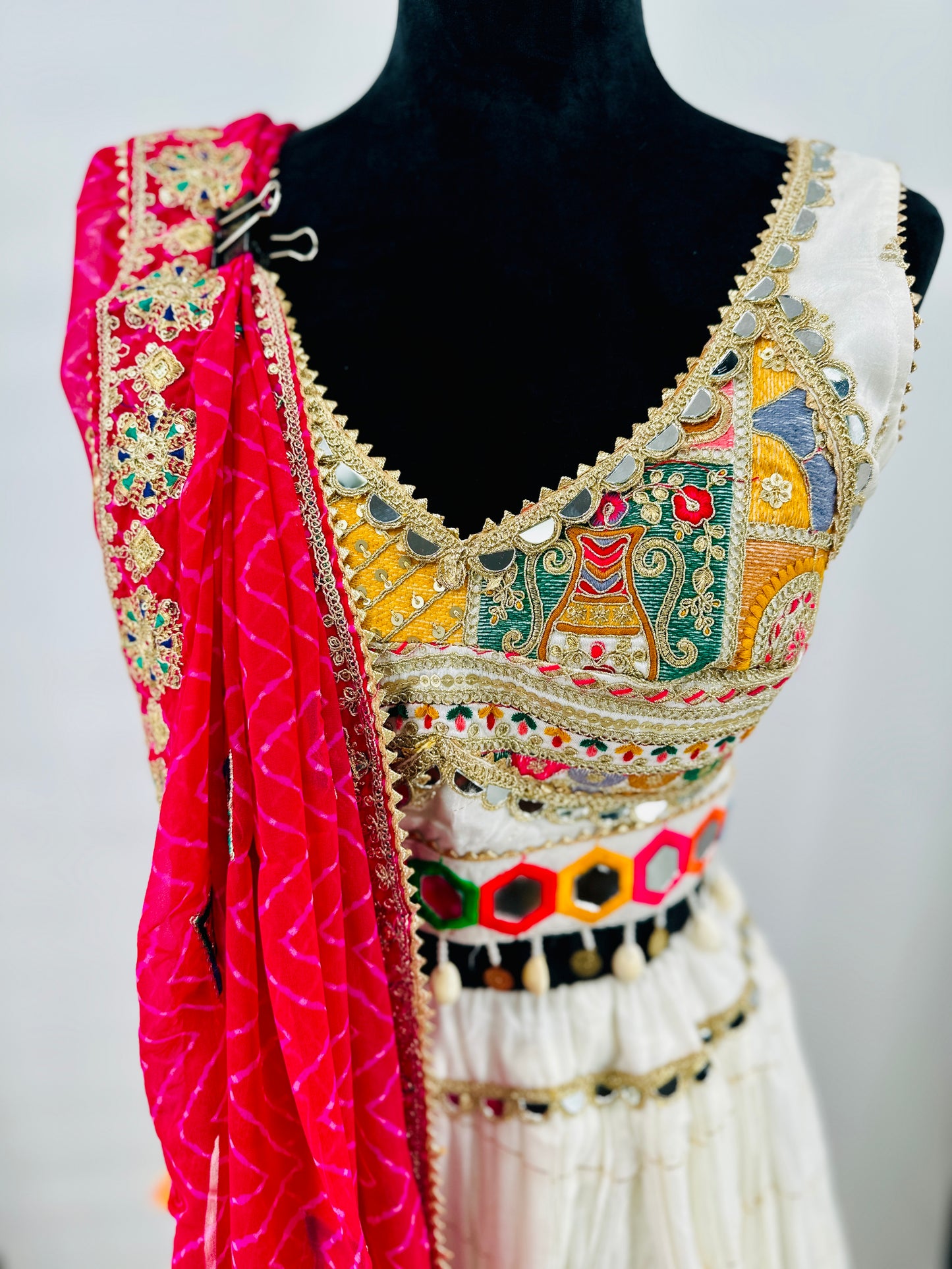 Mal Cotton Mirror Work Lehenga Set with Laheriyu Dupatta – Pink Multi-Thread Embroidery (9–12 Mtr Flair)