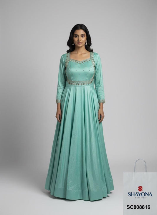 Designer Sabyasachi-Style Handwork Long Gown | Pastel Blue | Sizes 36–46
