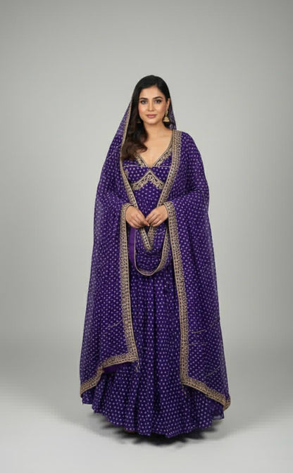 Designer Heavy Georgette Bandhni Handwork Long Gown with Dupatta | Sabyasachi Style | Purple | Sizes 36–46 | Custom Fit Available