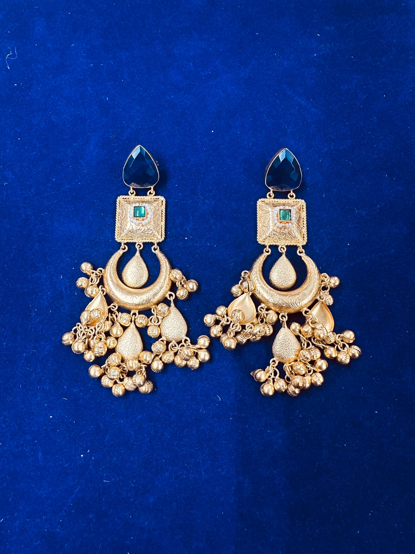 Traditional Matte Gold Chandbali Earrings with Faceted Stone Drops