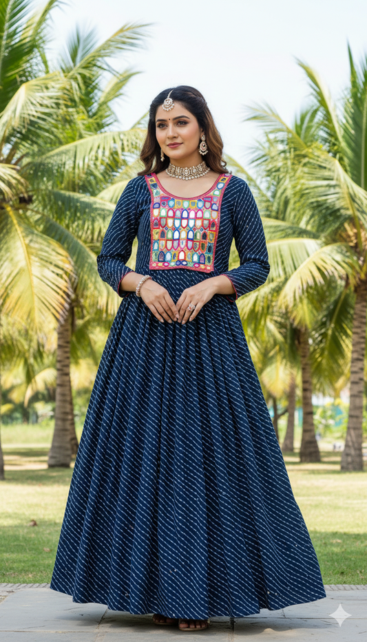 Navy Blue Heavy Georgette Long Gown with Real Mirror Neck Work