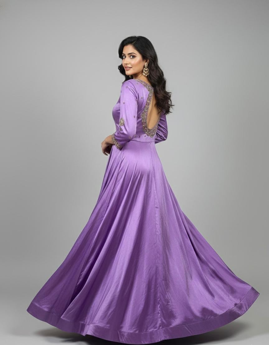 Designer Gajji Silk Handwork Long Gown | Lavender | Sizes 36–46 | Customizable Colors & Fit