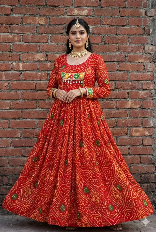 Designer Premium Heavy Georgette Bandhani Red Long Gown with Gamthi Work