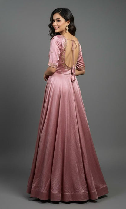 Designer Gajji Silk Handwork Long Gown | Baby Pink | Sizes 36–46 | Custom Size & Style Available