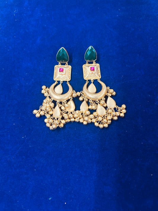 Traditional Matte Gold Chandbali Earrings with Faceted Stone Drops