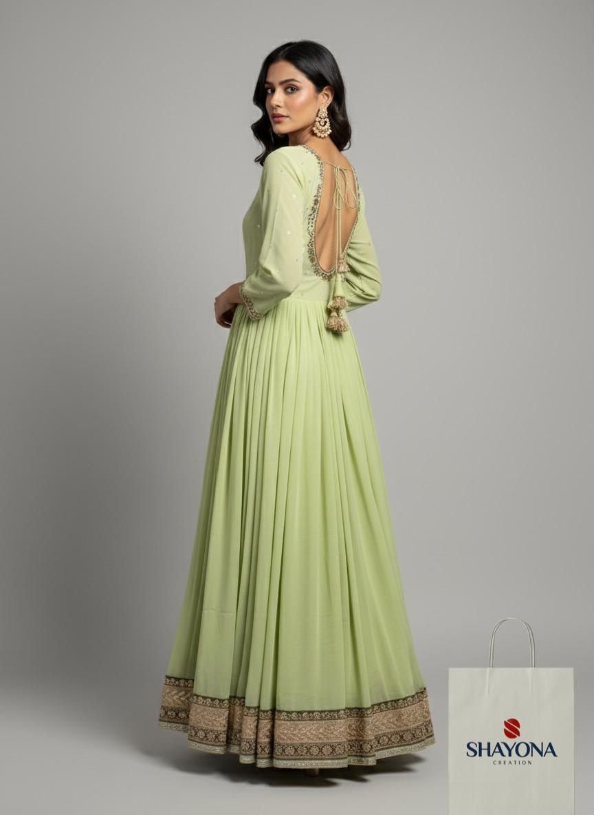 Designer Handwork Long Gown in Premium Georgette – Sabyasachi Style | Mint Green | Sizes 36–46