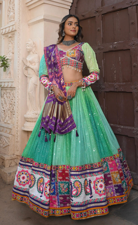 Green Bandhni Handwork Chaniya Choli with Multicolor Embroidered Blouse & Dupatta