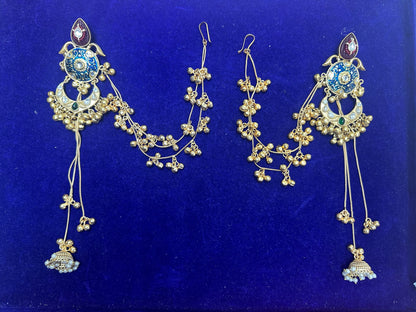 Kundan & Meenakari Bahubali Jhumka Earrings with Multi-Layered Sahare Chains