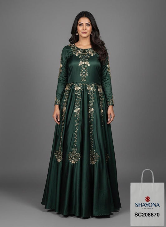 Designer Gajji Silk Long Gown with Handwork | Bottle Green | Sizes 36–40