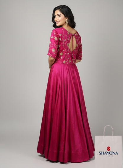 Designer Handwork Long Gown in Gajji Silk | Hot Pink | Sizes 36–46 | Custom Size Available