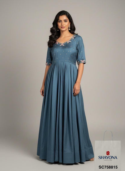 Designer Rama Blue Handwork Long Gown in Mul Cotton | Sizes 36-46 | Customizable & Plus Size Available