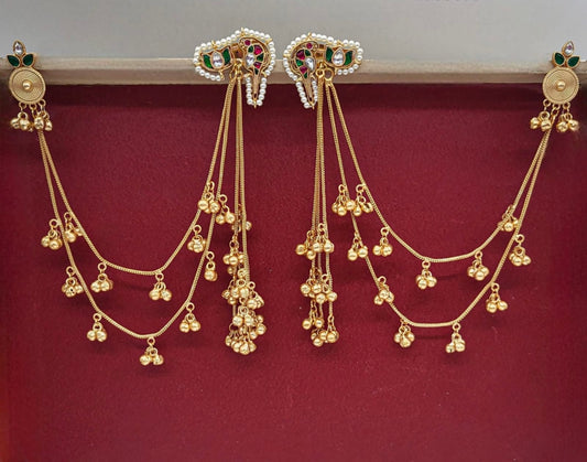 Kashmiri Golden Kundan Earrings – Traditional Ethnic Statement Jewelry
