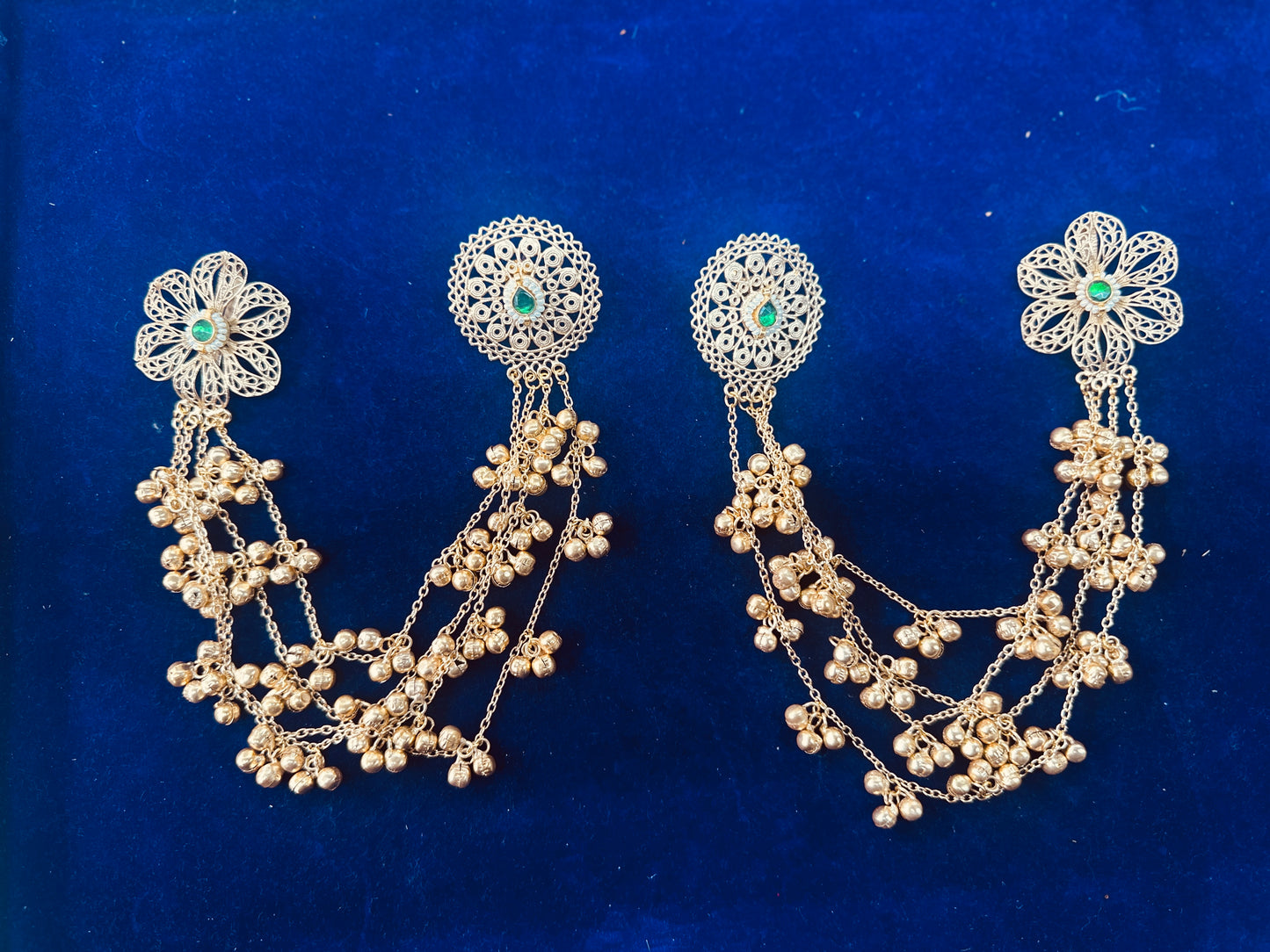 Gold Plated Bahubali Earring Sahare with Ghungroo Drops - Floral Filigree Kaanchain for Bridal & Festive Wear