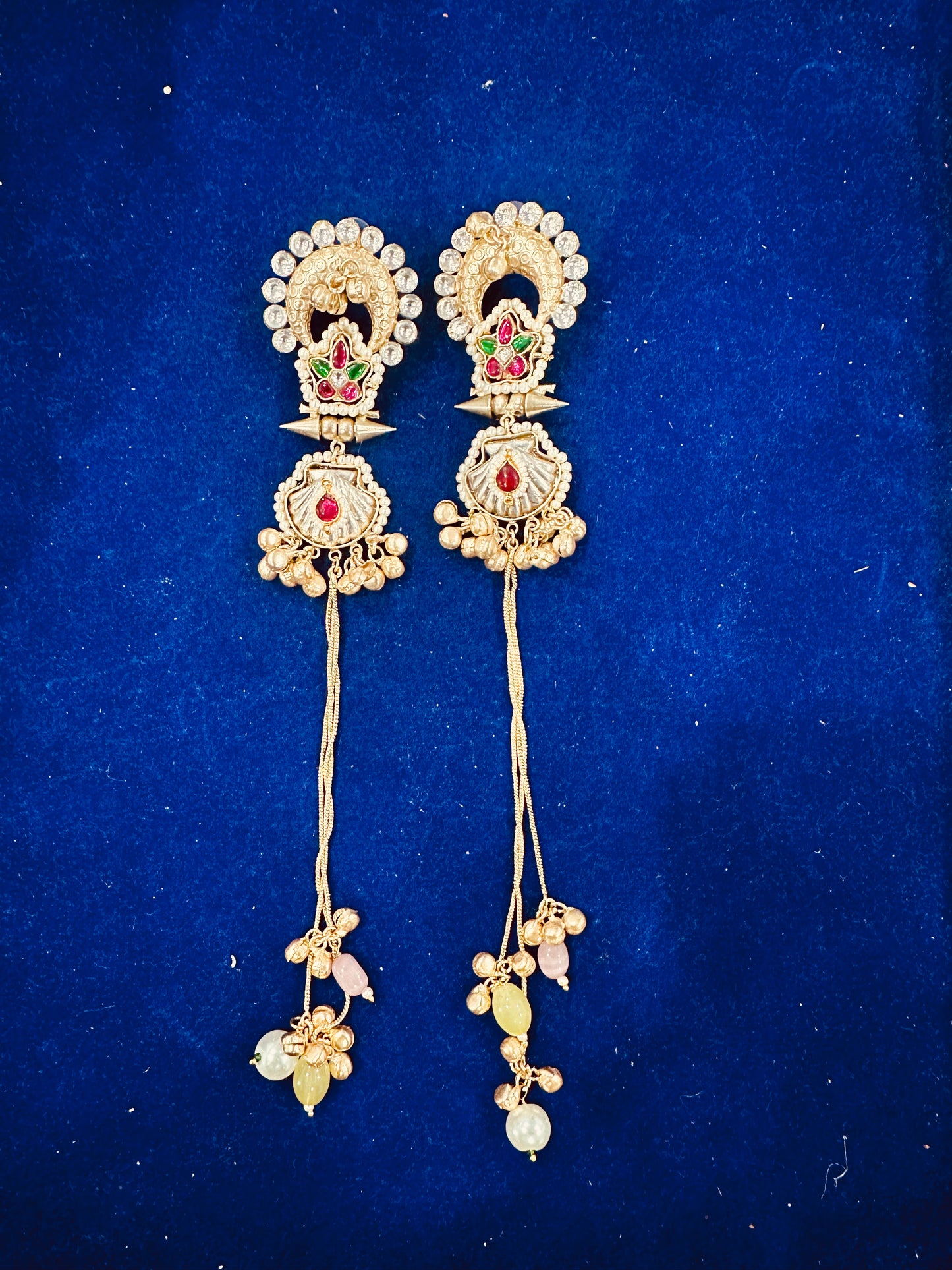 Traditional Indian Gold-Plated Long Tassel Earrings with Multi-Color Beads and Ghungroo - Antique Temple Jewelry for Weddings