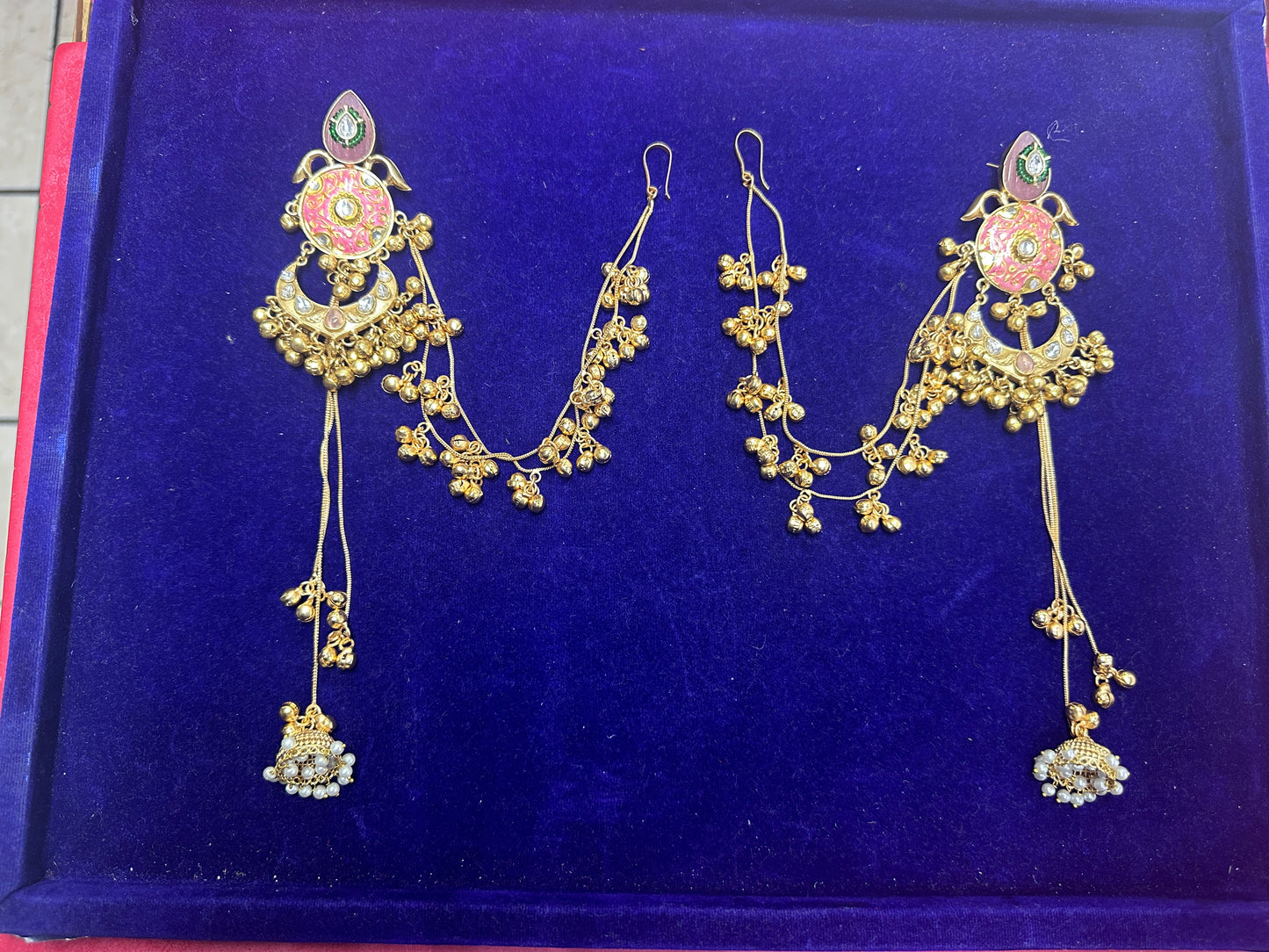 Kundan & Meenakari Bahubali Jhumka Earrings with Multi-Layered Sahare Chains