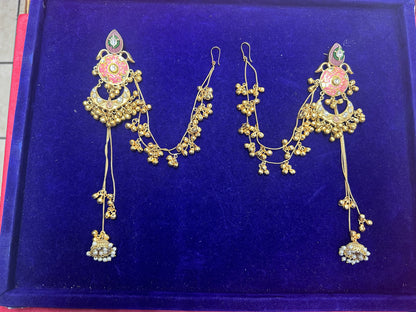 Kundan & Meenakari Bahubali Jhumka Earrings with Multi-Layered Sahare Chains