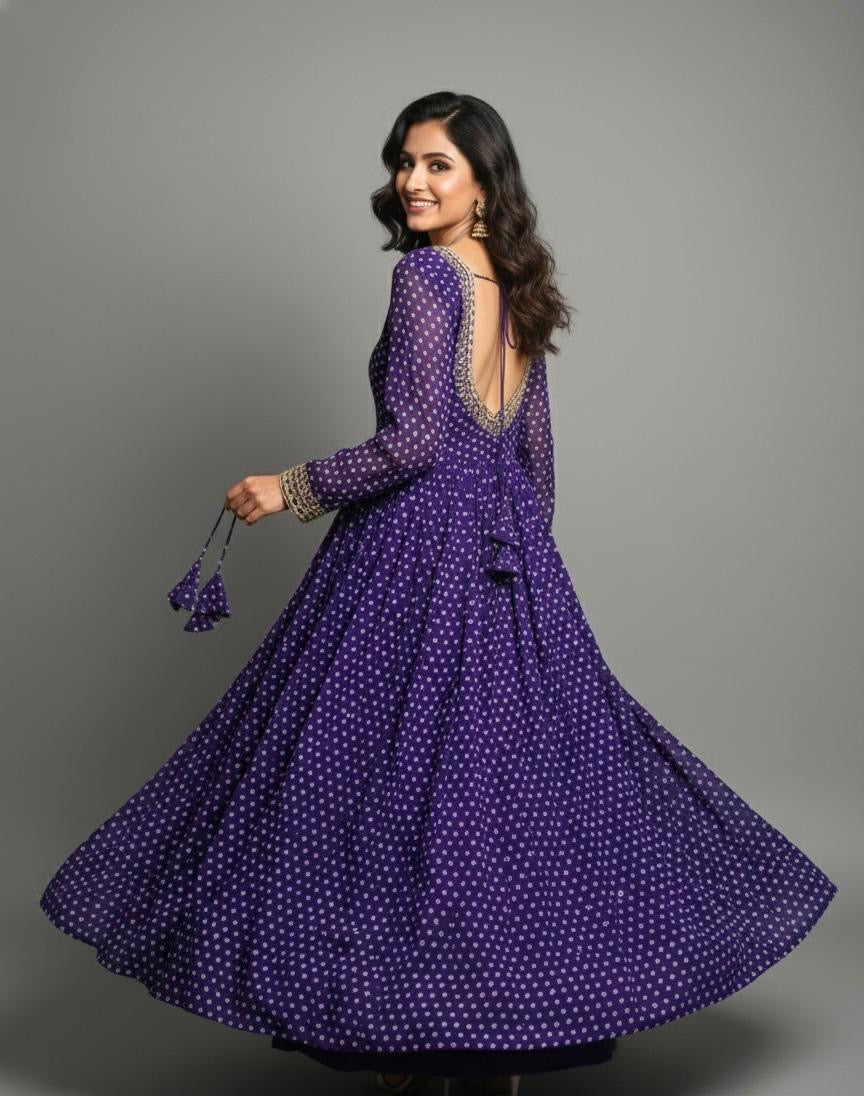 Designer Heavy Georgette Bandhni Handwork Long Gown with Dupatta | Sabyasachi Style | Purple | Sizes 36–46 | Custom Fit Available