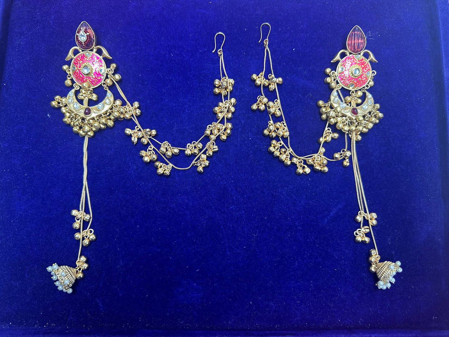 Kundan & Meenakari Bahubali Jhumka Earrings with Multi-Layered Sahare Chains