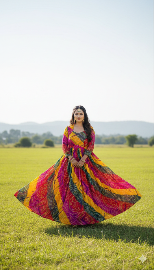 Designer Heavy Georgette Multicolor Bandhani Long Gown – Single Exclusive Piece. size fits 38-44 with alteration