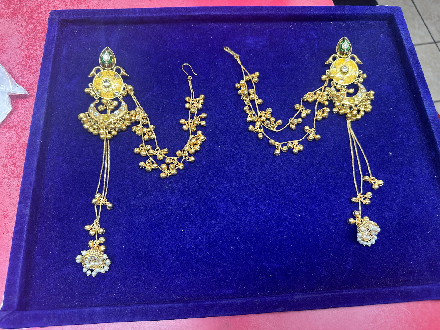 Kundan & Meenakari Bahubali Jhumka Earrings with Multi-Layered Sahare Chains