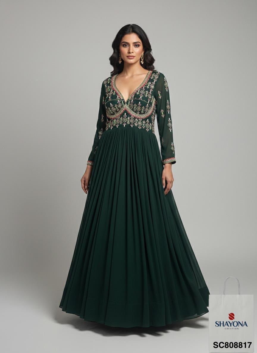 Designer Heavy Georgette Handwork Long Gown | Sabyasachi Style | Bottle Green | Sizes 36–46 | Custom Fit Available