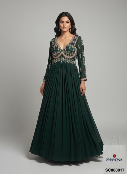 Designer Heavy Georgette Handwork Long Gown | Sabyasachi Style | Bottle Green | Sizes 36–46 | Custom Fit Available