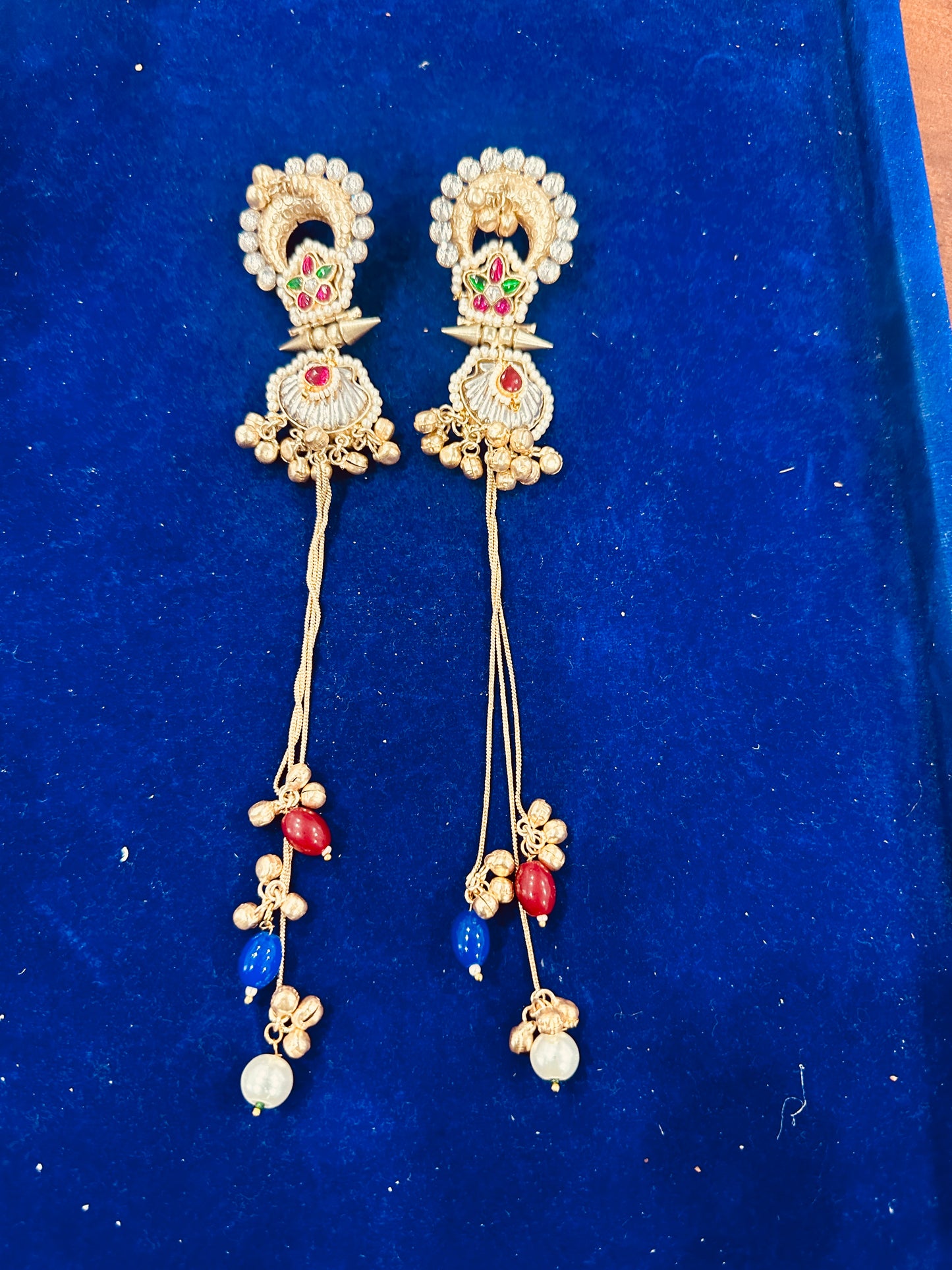 Traditional Indian Gold-Plated Long Tassel Earrings with Multi-Color Beads and Ghungroo - Antique Temple Jewelry for Weddings