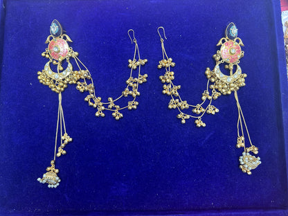 Kundan & Meenakari Bahubali Jhumka Earrings with Multi-Layered Sahare Chains