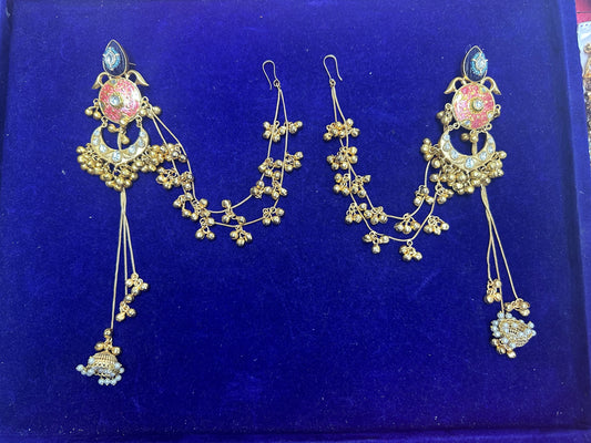 Kundan & Meenakari Bahubali Jhumka Earrings with Multi-Layered Sahare Chains