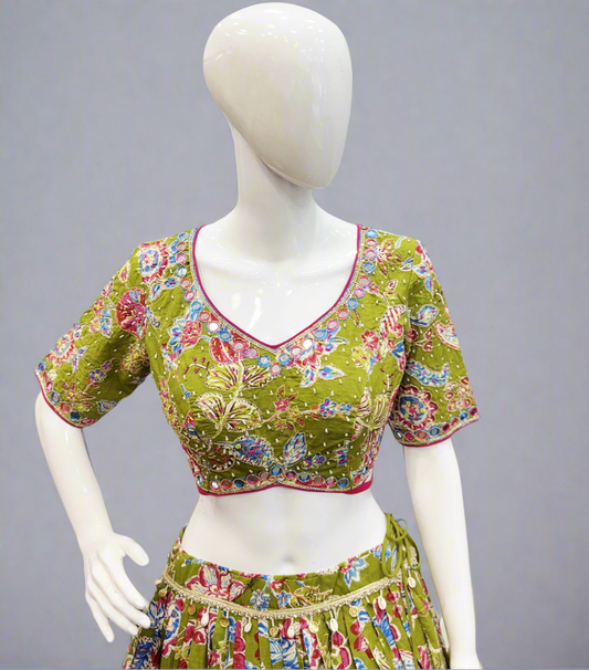Unique Green Floral Print Designer Choli with Handwork & Full Flair (Size 36–44)