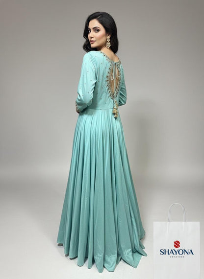 Designer Sabyasachi-Style Handwork Long Gown | Pastel Blue | Sizes 36–46