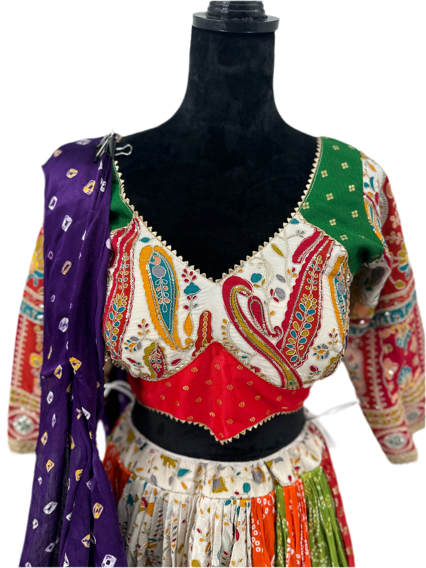 Designer Banarasi Bandhani & Position Print Choli with Purple Lagdi Bandhani Dupatta – Sizes 38-44