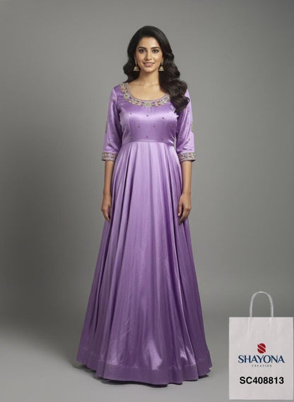 Designer Gajji Silk Handwork Long Gown | Lavender | Sizes 36–46 | Customizable Colors & Fit