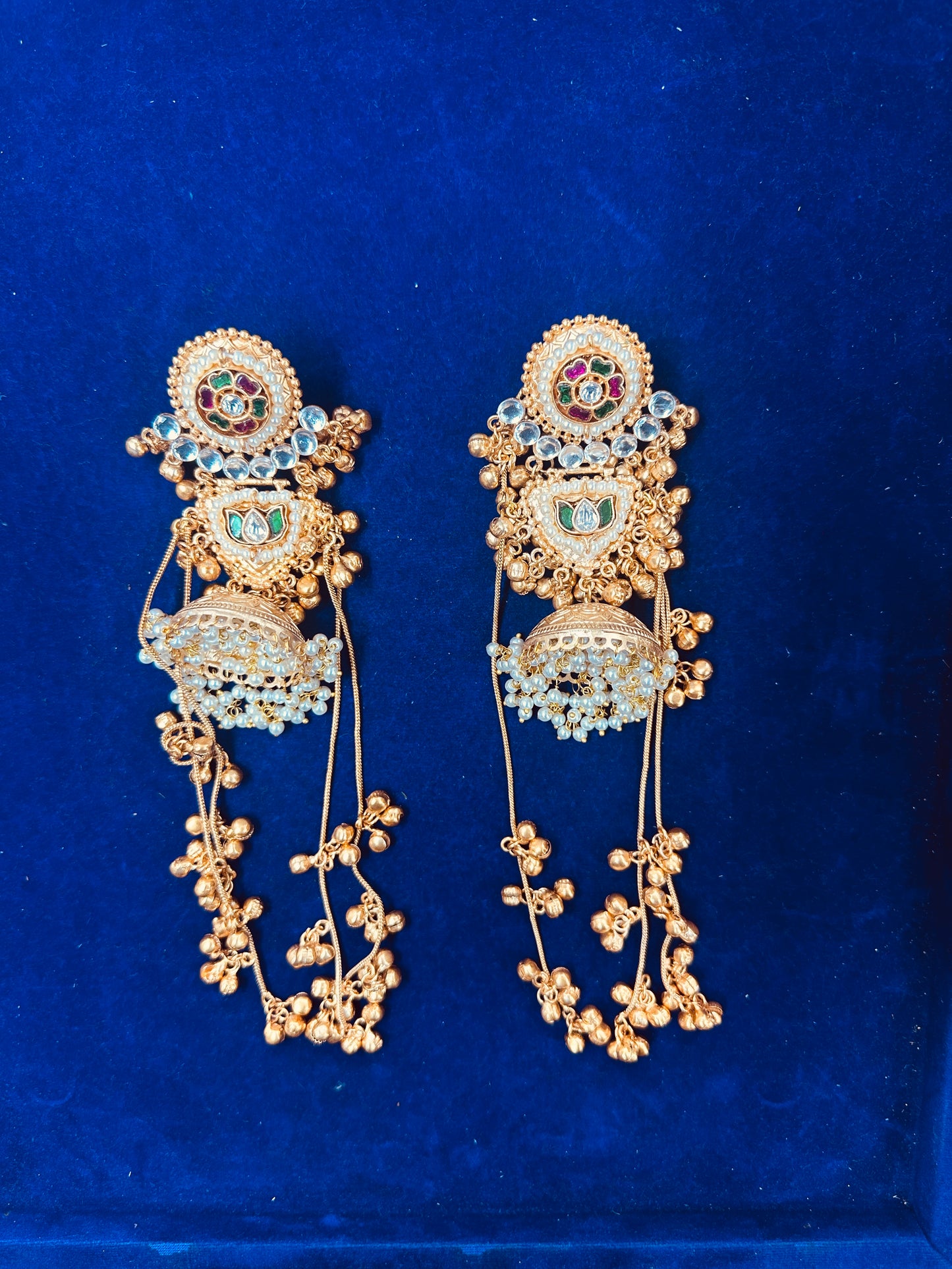 Traditional Gold-Plated Kundan Jhumka Earrings with Pearl Ear Chains (Sahara) | Bridal Bahubali Earrings