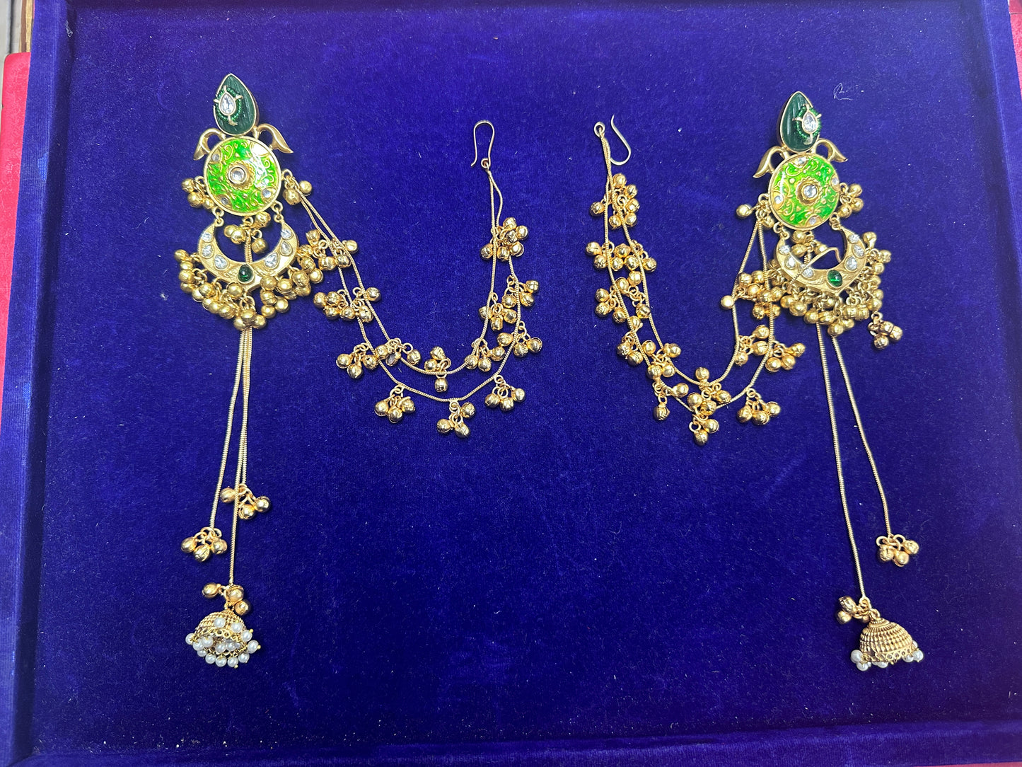 Kundan & Meenakari Bahubali Jhumka Earrings with Multi-Layered Sahare Chains