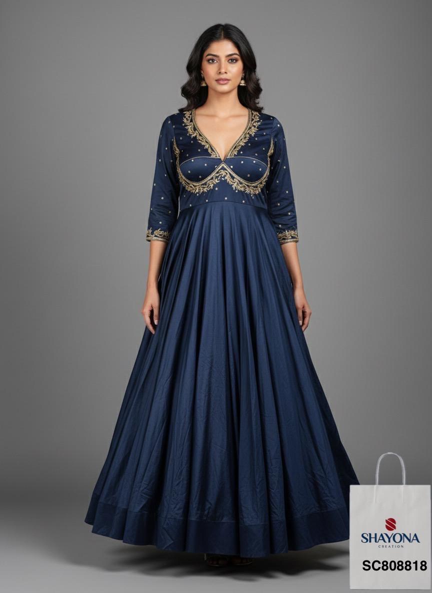 Designer Sabyasachi-Style Handwork Long Gown in Mul Cotton | Navy Blue | Sizes 36–46